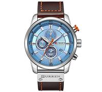 CURREN Herren-Armbanduhr, wasserdicht, Sport-Chronograph, Militär, multifunktional, Leder, Quarz-Armbanduhr, silber, blau, Chronograph, Quarz-Uhrwerk