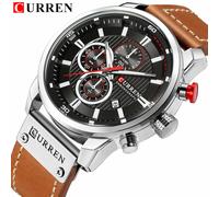 CURREN Men's Dark Brown Chronograph Quartz Watch Waterproof Leather Strap Sports...