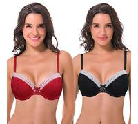 Curve Muse Damen Balconnet-BH, leicht gepolstert, mit Bügel, Spitze, Übergröße, Balconnet-BH, Schwarz, Rot (2 Stück), 105B