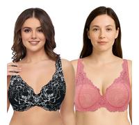 Curve Muse Damen Übergröße Bügel 1+ Cup hinzufügen Push-up Mesh Spitzen-BH-2er Pack-Pom Pien Red,Black-80B