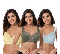 Curve Muse Übergröße Ungefüttert Minimizer Drahtloser BH mit Stickspitze-3er Pack-Yellow,Light Blue,Hunter Green-85D