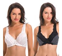 Curve Muse Women's Minimizer Unline Underwire Full Figure Bra with Embroidery Lace-2 pack-white-black-36DDD