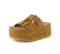 CUSHIONAIRE Guru Plateau-Sandalen für Damen, bequeme Echtleder-Fußbett, Nieten, klobige Slide, Sommersandalen für Damen 2025, Veloursleder, Kastanie, 37 EU