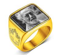Custom4U Anpassbarer Herren Damen Foto Siegelring Gold mit Gravur Memorial Foto Fingerring mit Kreuz Symbol Biker Quatratischer Siegelring Bandring mit Bildgravur Geschenke für Weihnachten