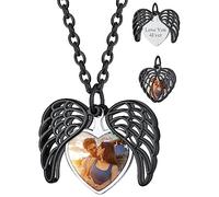 Custom4U Damen Engelsflügel Medaillon Halskette Schwarz Kupfer Memorial Herz Schutzengel Flügel Kettenanhänger mit Foto Medaillon Amulett Schwarz zum aufklappen Geschenke für Muttertag Geburtstag