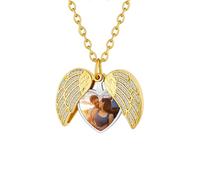 Custom4U Memorial Engelsflügel Medaillon Gold für Damen Frauen Andenken Zirkonia Herz Medaillon Halskette mit Gravur Foto Bilder Schutzengel Flügel Amulett Gold zum Öffnen für Bilder