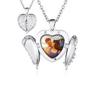 Custom4U Personalisierte Engelsflügel Medaillon Silber zum Öffnen Kupfer Damen Frauen Memorial Herz Flügel Kettenanhänger mit Foto zum aufklappen Silber Schutzengel Flügel Amulett Geschenke