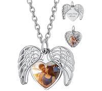 Custom4U Personalisierte Engelsflügel Medaillon Silber zum Öffnen mit Foto/Name/Text Gravur Damen Frauen Kupfer Herz Schutzengel Flügel Anhänger Halskette Amulett für Mama Freundin Oma