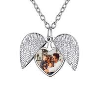 Custom4U Personalisierte Herz Medaillon zum Öffnen für Bilder Kupfer Engelsflügel Medaillon Silber mit bild zum aufklappen Memorial Schutzengel Flügel Foto Kette Silber Damen Frauen Locket Amulett