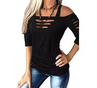 Cut Out Cold Shoulder T-Shirt Frauen Lacerated Sleeve Shirt Hollow Out Square Collar Casual Bluse Sommer Rock Tee Tops, Schwarz, Klein