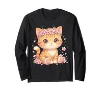 Cute Anime Cat with Cherry Blossoms Flower Kids Girls Boys Langarmshirt