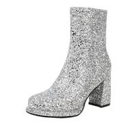 CuteFlats Stiefeletten Damen Glitzer | 8cm Blockabsatz & Seitlicher Reißverschluss für Partys & Events in 4 Farben (Silber, 36 EU)