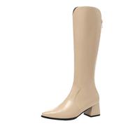 CUTEHEELS Damen Knee High Stiefel Mit Blockabsatz | 5cm Absatz, Spitze mit Reißverschluss für Winter(Aprikose, 45 EU)