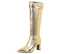CUTEHEELS Damen Kniehohe Stiefel Metallic Blockabsatz 7,5 cm Spitze | Kunstleder; Warmes Kunstfell-Futter; Reißverschluss; Rutschfeste Profilsohle; Alltag & Ausgehen; Party, Büro; Herbst/Winter