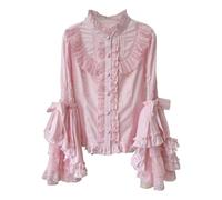 Cuteighteen Lolita langärmelige viktorianische Blusen für Damen, Gothic, Renaissance, Vintage-Stil, Spitze, Rüschen, schicke Oberteile, Pink, X-Klein
