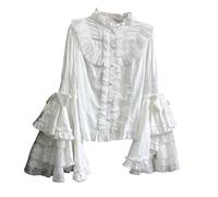 Cuteighteen Lolita Viktorianische Bluse Langarm Damen Gothic Renaissance Bluse Vintage Spitze Rüschen Elegant Gemustertes Top, Weiß, Large