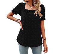 CUTTE Damen-Chiffon-Kurzarm-T-Shirt mit Quadratischem Ausschnitt Gerafftes Hemd Lässiges Pendelhemd Sommer Lockere Blusen Hemden Oberteile,Black,M