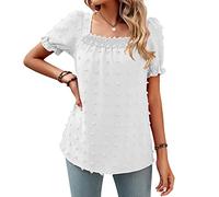 CUTTE Damen-Chiffon-Kurzarm-T-Shirt mit Quadratischem Ausschnitt Gerafftes Hemd Lässiges Pendelhemd Sommer Lockere Blusen Hemden Oberteile,White,M