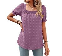 CUTTE Damen-Chiffon-Kurzarm-T-Shirt mit Quadratischem Ausschnitt Gerafftes Hemd Lässiges Pendelhemd Sommer Lockere Blusen Hemden Oberteile,Purple,M