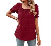 CUTTE Damen-Chiffon-Kurzarm-T-Shirt mit Quadratischem Ausschnitt Gerafftes Hemd Lässiges Pendelhemd Sommer Lockere Blusen Hemden Oberteile,Wine Red,XL