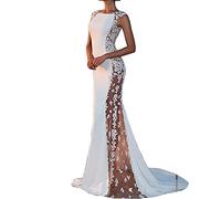 CUTTE Damen-Meerjungfrau-Hochzeits-Abendkleid Lange Cocktail-Brautjungfernkleider Spitzenapplikationen Abschlussballkleider Bodenlanges Hochzeitskleid,White,S