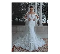 CUTTE Elegant Hochzeitskleid Brautkleid Sexy Tiefer V-Ausschnitt Spitze Meerjungfrau Brautkleider Brautjungfernkleid mit Ärmeln Brautkleid Maxi Abendkleider,White,S