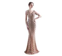 CUTTE Frauen Perlen Abendkleid Sommer Meerjungfrau Brautkleider Langes Abschlussball Kleid mit Tiefem V-Ausschnitt Pailletten Swing Party Maxi Figurbetontes Kleid,Gold,US