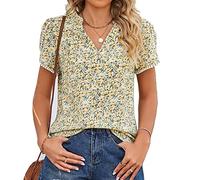 CUTTE Kurzärmliges Chiffon-T-Shirt mit Blumendruck und V-Ausschnitt für Damen mit Blütenblattärmeln Lässiges Locker Sitzendes Sommer-T-Shirt,Yellow,XXL