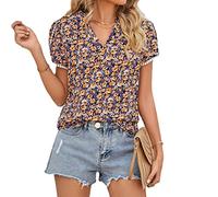 CUTTE Kurzärmliges Chiffon-T-Shirt mit Blumendruck und V-Ausschnitt für Damen mit Blütenblattärmeln Lässiges Locker Sitzendes Sommer-T-Shirt,Orange,M
