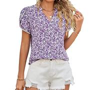 CUTTE Kurzärmliges Chiffon-T-Shirt mit Blumendruck und V-Ausschnitt für Damen mit Blütenblattärmeln Lässiges Locker Sitzendes Sommer-T-Shirt,Purple,L