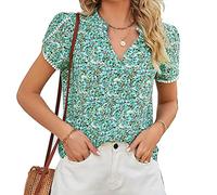 CUTTE Kurzärmliges Chiffon-T-Shirt mit Blumendruck und V-Ausschnitt für Damen mit Blütenblattärmeln Lässiges Locker Sitzendes Sommer-T-Shirt,Green,XXL