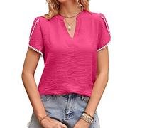 CUTTE Kurzarm-T-Shirt für Damen mit V-Ausschnitt, Chiffon-Blütenblattärmeln Pendelhemd Solide Lässig Locker Sitzend Sommerhemd T-Shirt,Rose Red,XL