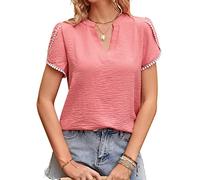 CUTTE Kurzarm-T-Shirt für Damen mit V-Ausschnitt, Chiffon-Blütenblattärmeln Pendelhemd Solide Lässig Locker Sitzend Sommerhemd T-Shirt,Red,S