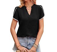 CUTTE Kurzarm-T-Shirt für Damen mit V-Ausschnitt, Chiffon-Blütenblattärmeln Pendelhemd Solide Lässig Locker Sitzend Sommerhemd T-Shirt,Black,S