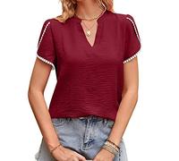 CUTTE Kurzarm-T-Shirt für Damen mit V-Ausschnitt, Chiffon-Blütenblattärmeln Pendelhemd Solide Lässig Locker Sitzend Sommerhemd T-Shirt,Wine Red,XXL