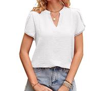 CUTTE Kurzarm-T-Shirt für Damen mit V-Ausschnitt, Chiffon-Blütenblattärmeln Pendelhemd Solide Lässig Locker Sitzend Sommerhemd T-Shirt,White,S