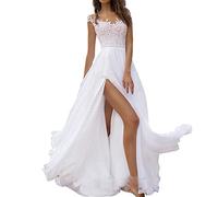 CUTTE Sommer Chiffon Hochzeitsgast Kleid Spitze Boho Brautkleider für Frauen Abend Ballkleider Maxi Schlitz Brautjungfernkleid Kleider mit Schlitz,White,L