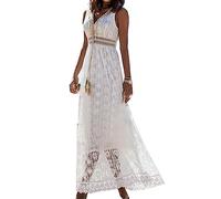 CUTTE Sommerweißes Spitzen-Strandkleid mit V-Ausschnitt ärmellos Strand-Brautkleid Hochzeitskleid formelles Abendkleid Abschlussballkleid,White,S