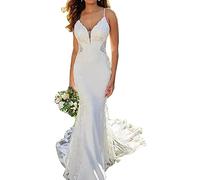 CUTTE Spitze Meerjungfrau Brautkleider Spaghettiträger Sexy V-Ausschnitt Rückenfrei Ärmellos Brautjungfernkleid Brautkleider mit Langer Schleppe,White,US6