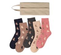 CVDYWDJIE 5 Paar Socken Mit Kätzchenmuster Und 1 Socken-Aufbewahrungstasche, Warme Damensocken, Winter-Fleece-Socken, Weiche Und Bequeme Socken, Heimsocken