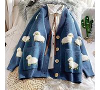 CWENROU Christmas Sweater Ladies,Fashion Winter Warm Cardigan Sweater Ladies Loose Oversized Long-Sleeved Cartoon Sheep Elegant Blouse Sweet Knitted Jacket Blue Casual Party Elegant Christmas