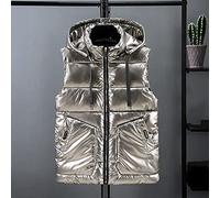 CWENROU Damen Ärmellose Daunenweste - Mode Damen Winter Daunenweste Retro Grau Kapuze Kurze Glänzende Ärmellose Daunenjacke Weste Warme Outdoor Sport Winddichte Jacke Elegant Casual Party,Grau,XXL