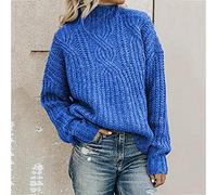 CWENROU Damen Pullover - Winter Strickpullover Damen Stehkragen Mode Zopf Grobstrick Pullover Blau Warm Langarm Slim Stretch Weich Outdoor Business Party Eleganz,Blau,M