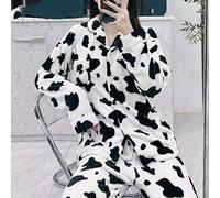 CWENROU Damen Schlafanzug Pyjama,Winter Damen Supersoft Coral Fleece Twosie Pyjama, Samt-Kuhdruck-Pyjama, Warme Lange Ärmel + Hose, Retro Dickes Revers Casual Homewear,Weiß,S