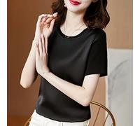 CWENROU Damenhemd - Damen Kurzarm Hemd, Modisch Sommer Satin Seidentop Damen Büro Hemd Schwarz Retro Rundhals Slim Casual Street Shirt Outdoor Elegant Business Party,Schwarz,XL