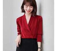 CWENROU Damenhemd - Damen Langarmhemden, Modische Satin Damen V-Ausschnitt Bürooberteile, Frühlings- Und Herbstweinrote Slim-Fit Seidenpullover, Lässige Street-Elegante Businesshemden,Rotwein,L