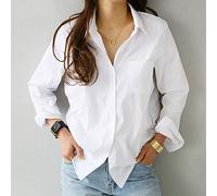 CWENROU Lässige Damenhemden - Mode Frühling Und Sommer Damen Shirt Retro Lose Top Langärmelige Lässig Weiße Revers Büro Stil Weibliche Shirt Einfache Und Elegante Business-Party, M
