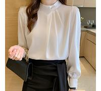 CWENROU Lässiges Damenhemd - Damen Langarmhemden, Mode Frühjahr Und Herbst Damen Chiffon Bürooberteile, Große Retro Stehkragen Satin Weiß Lässig Elegante Businesshemden,Weiß,L