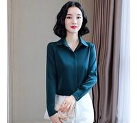 CWENROU Lässiges Damenhemd - Mode Frühling Und Herbst Hidden Breasted Damen Seidenhemd Pfauenblau Lässiges Langarmshirt Retro Büro Damen Satinhemd Schlank Elegante Business Party,Pfauenblau,XXL