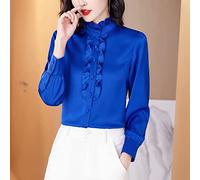 CWENROU Lässiges Damenhemd - Mode Seidenhemd Casual Damen Satin Top Damen Retro Blau Langarm Rüschen Satin Basic Shirt Schlank Schlicht Outdoor Elegant Business Party,Blau,L